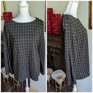 J.Jill Ponte Knit Women's Medium Button Long Sleeve Top Black Tan Windowpane 30